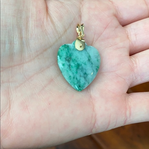 14k Real Gold Chain 18 Heart Jade Pendant Necklace - Picture 6 of 10